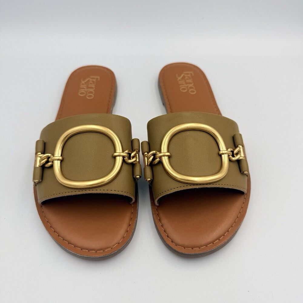 Franco Sarto Women Green Gold Slide Sandals Flat Gold Ring Leather Classy Size 7